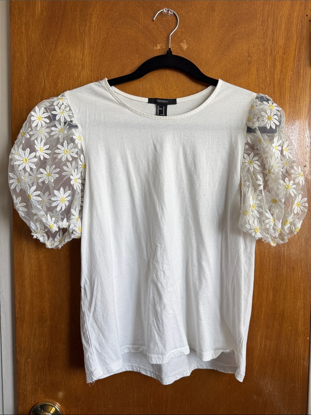 Forever 21 White Tee with Sheer Daisy Puff Sleeves